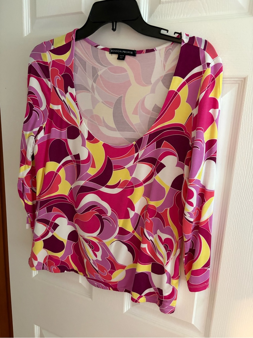 Boston Proper Pink and Yellow Abstract-Print Long Sleeve Scoop Top